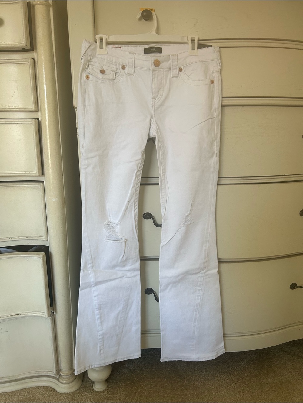 True Religion White Bootcut Jeans with Knee Distress
